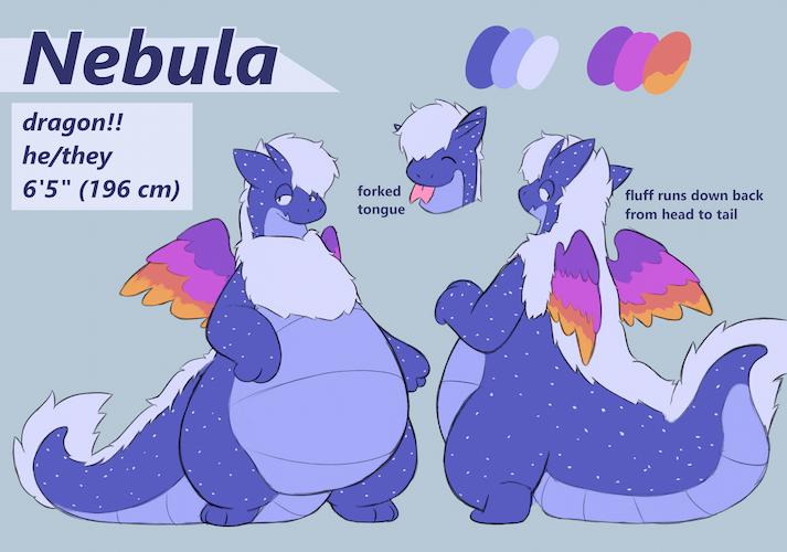 reference sheet of nebula, a pear shaped blue dragon. they are pictured from the front and from the back.